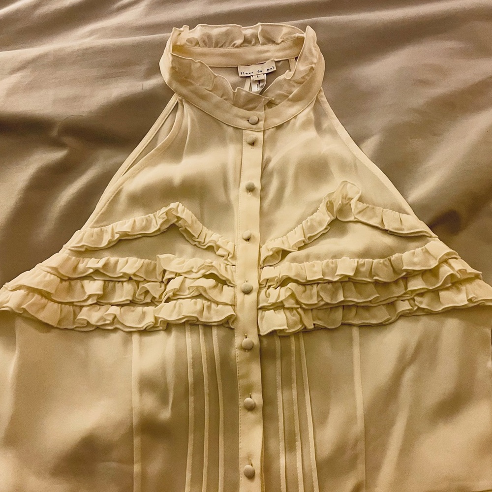 Fleur Du Mal • Ruffle BodySuit Blouse • 100% Silk • Off White • Size 8/10